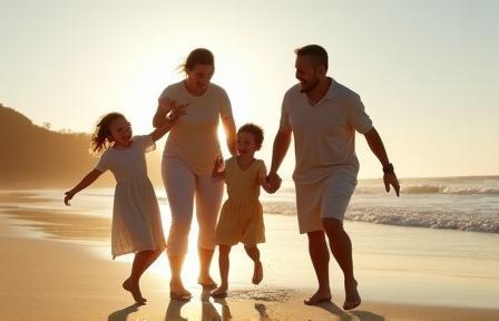 Fotografia espontânea de uma família brincando e rindo na praia durante uma sessão fotográfica natural.