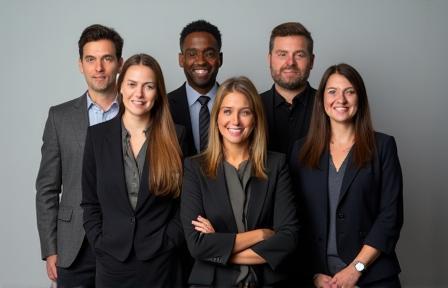 Fotografia de equipe corporativa moderna e profissional com fundo neutro.
