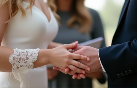 Fotografia emocionante de um casal de noivos trocando votos durante uma cerimônia de casamento íntima.